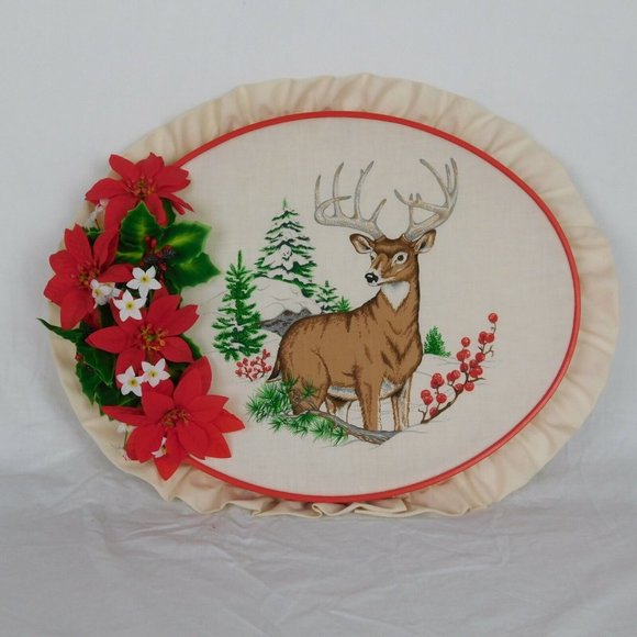 Embroidery Hoop Art Wall Hanging Deer Winter Tree Berries Snow Red Oval Flowers - Picture 1 of 7